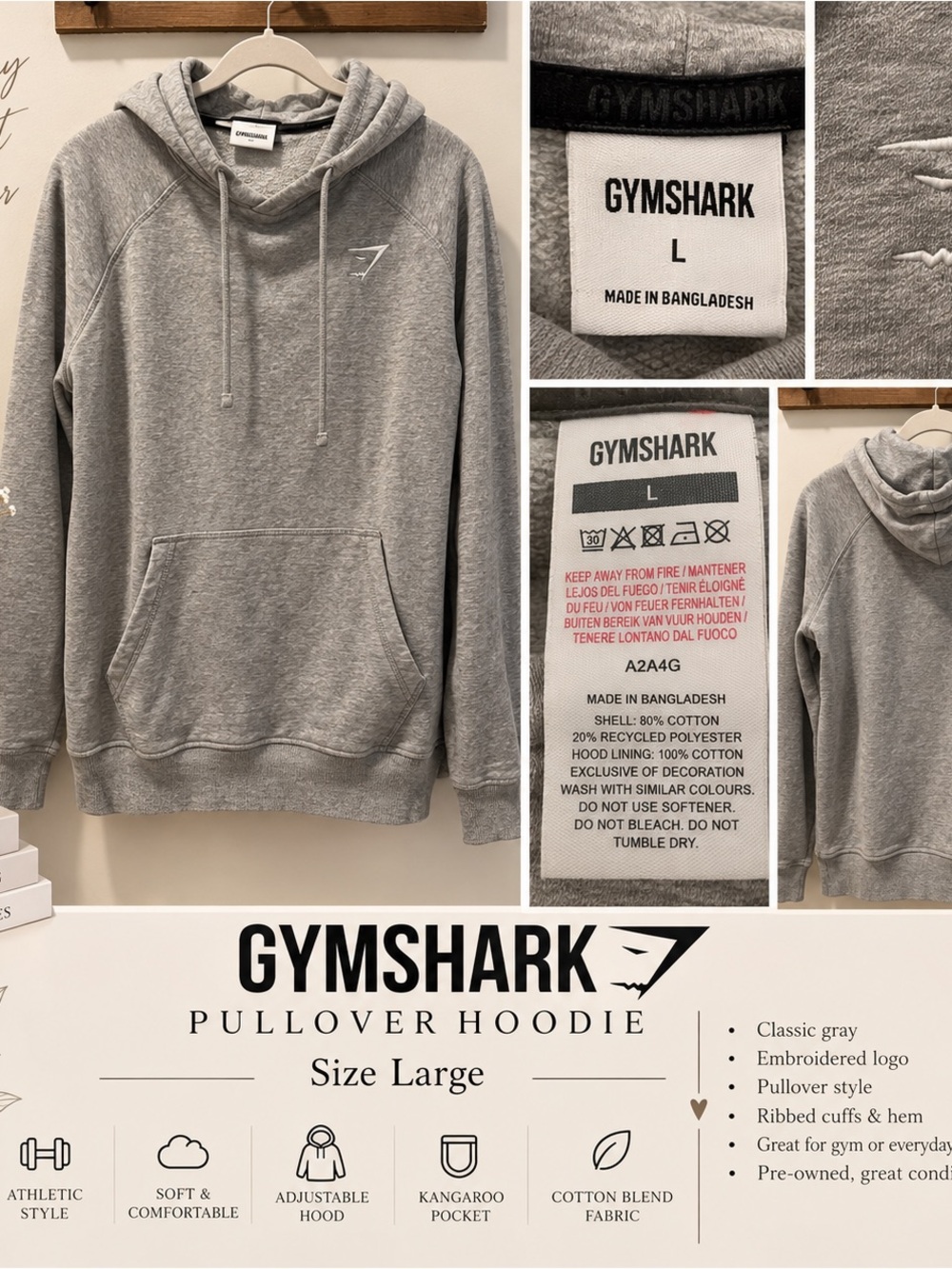 Gymshark Gray Pullover Hoodie Sweatshirt Size Large